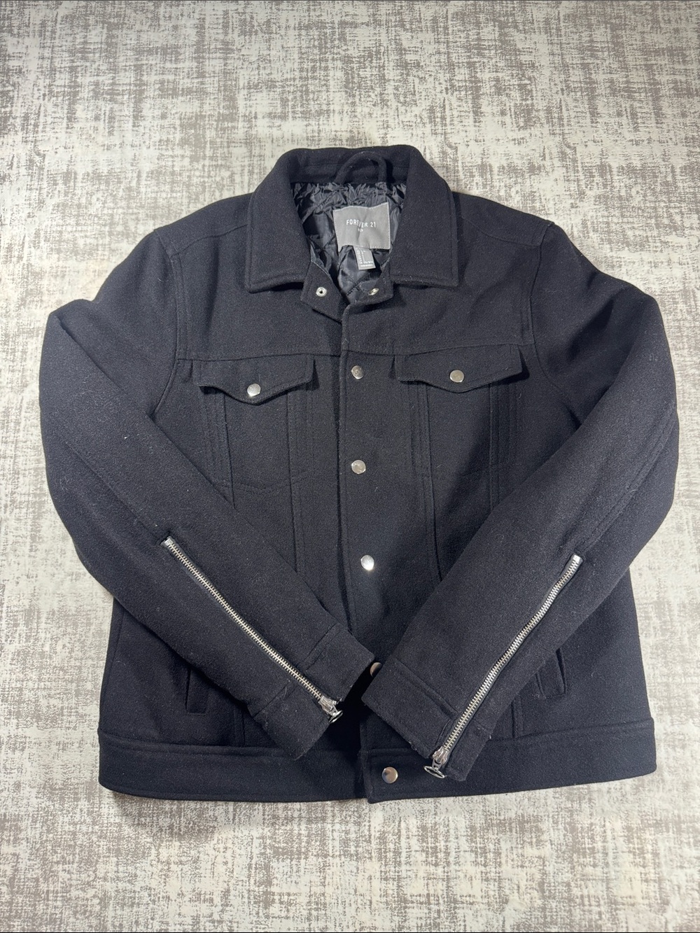 Forever 21 Men's Black Snap-Front Shirt Jacket with Zipper Sleeve Sz L 25X20.5